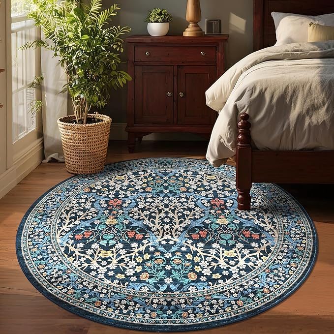 GarveeHome Dark Blue Floral 6 ft Round Rug Washable Non-Slip Soft Low Pile Small Circle Carpet Vintage Rugs for Kitchen Bedroom Nursery Dining Living Room