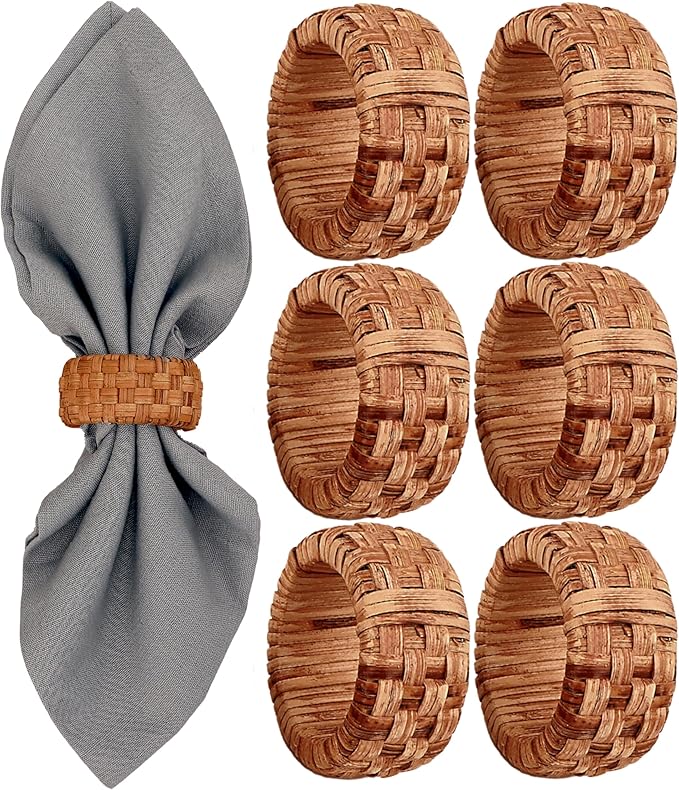 ALPHA Living HOME 6 Pcs Boho Rattan Woven Napkin Rings, Farmhouse Water Hyacinth Wooden Rustic Napkin Rings Holders for Table Wedding Decor Home and Kitchen Décor (Brown)