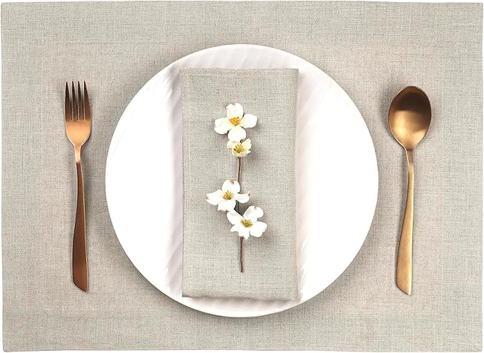 D'Moksha Homes Linen Natural Placemats Set of 6-100% Pure Linen Placemats 14 x 19 Inch for Valentines, Spring, Easter - Handcrafted and Machine Washable