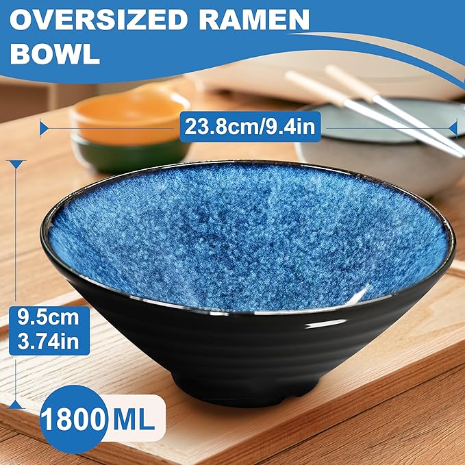 9.4-Inch 4 Sets Ceramic Ramen Bowl (16 Piece) - Japanese Porcelain Dishwasher Microwave Safe Salad Noodles Cereal Pasta Soup Large Bowls with Chopsticks Forks Spoons for Men Women Housewarming Gift