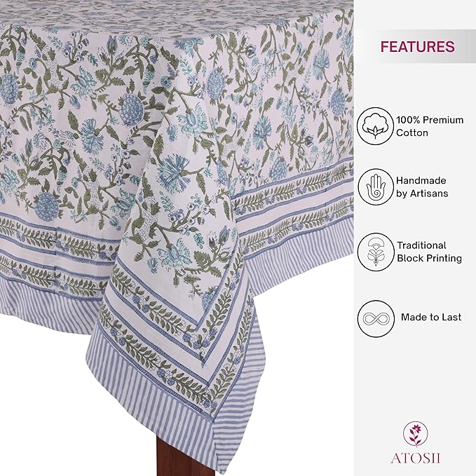 ATOSII Mahoka Blue 100% Cotton Rectangle Tablecloth, Handblock Floral Print Linen Table Cloth for Kitchen Dining I Parties, Outdoors, Weddings, Holidays, Summer I 72 X 108 Inches I 8 Seater