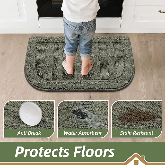 BEQHAUSE 24x40 Inch Kitchen Rug Mat Durable Kitchen Rugs Non-Slip Washable Absorbent Kitchen Mats for Floor Dirt-Resistant Semicircular Kitchen Mat (Green)