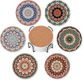 Drink Coasters for Drinks Set of 6,Mandala Absorbent Round Ceramic Stone Mat Coaster,with Cork Base and Metal Holder, Home Bar Decor House Warming Gift
