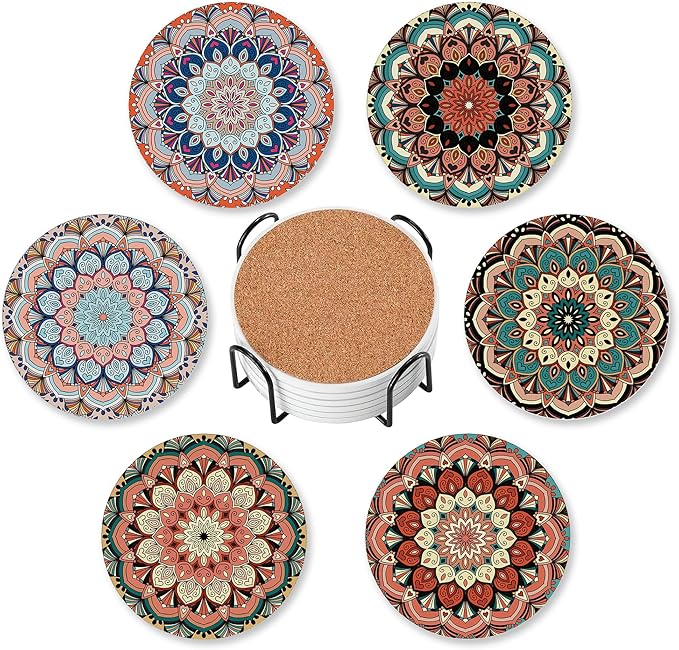 Drink Coasters for Drinks Set of 6,Mandala Absorbent Round Ceramic Stone Mat Coaster,with Cork Base and Metal Holder, Home Bar Decor House Warming Gift