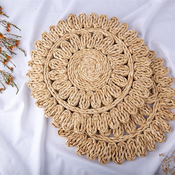 13.8" Corn Husk Woven Round Placemats Set of 4 - Wicker Boho Farmhouse Placemats - Rattan Table Mats for Dining Table, Wedding, Home