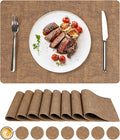 Vinyl Placemats Set of 8, Faux Leather Waterproof and Heat Resistant Place Mats, Washable Anti-Slip Table Mats with Coaster, Wipeable Placemats for Indoor & Outdoor 17" x 12" (Light Brown, Set of 8)