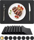 Vinyl Placemats Set of 8, Faux Leather Waterproof and Heat Resistant Place Mats, Washable Anti-Slip Table Mats with Coaster, Wipeable Placemats for Indoor & Outdoor 17" x 12" (Black, Set of 8)