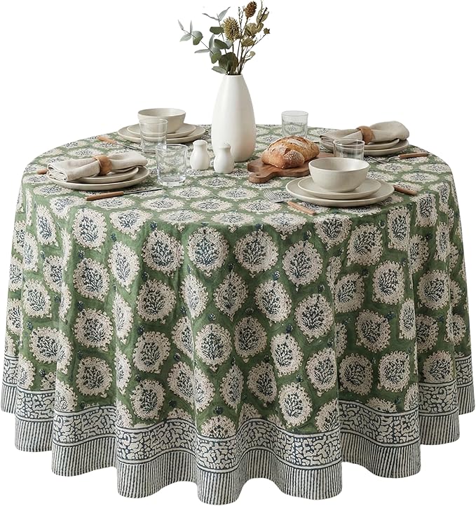 ATOSII Kari Green 100% Cotton Round Tablecloth, Handblock Print Floral Table Cloth for Kitchen Dining Linen I Parties, Weddings, Outdoors, Easter, Spring Summer Decor I 60" Inches Round