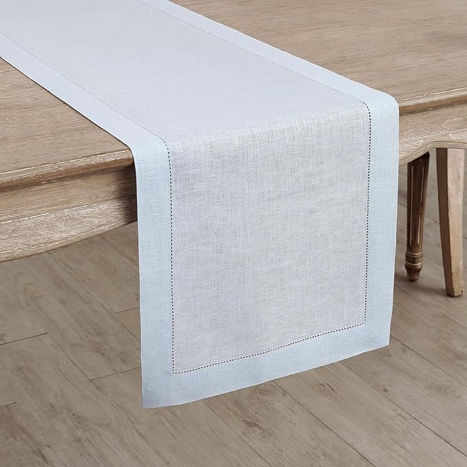Solino Home Linen Light Blue Table Runner 72 Inches Long - 100% Pure Linen Hemstitch Table Runner 14 x 72 Inch for Dresser, Dining, Winter, Spring, Easter - Classic Hemstitch
