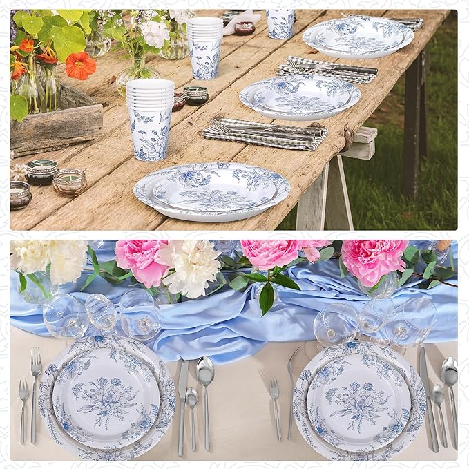 Kochorie 96 Piece Blue and White Floral Disposable Party Supplies Elegant Floral Paper Plates, Cups, and Napkins 9 Inch and 7 Inch Plates Serves 24 Guests for Birthday or Baby Shower