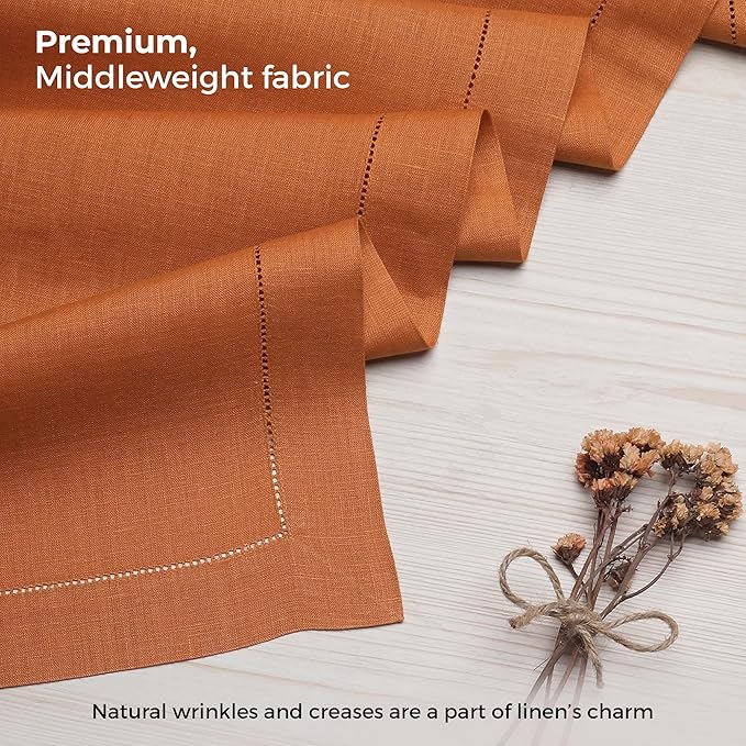 D'Moksha Homes Linen Rust Table Runner 84 Inches Long - 100% Pure Linen Table Runner 14 x 84 Inch for Spring, Easter - Classic Hemstitch