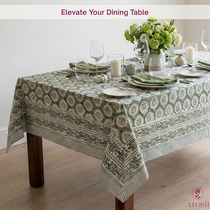 ATOSII Kari Green 100% Cotton Rectangle Fall Tablecloth, Block Print Floral Table Cloth Linen for Dining Parties Outdoors Christmas Thanksgiving Grandmillennial Home Decor 72 X 140 Inches I 12 Seater
