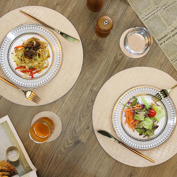 Jovono Round Leather Placemats for Round Tables Set of 4, Beige Place Mats and Coasters, Wipeable Waterproof Heat Resistant Table Mats Easy to Care for Indoor Decor 13 inch Diameter