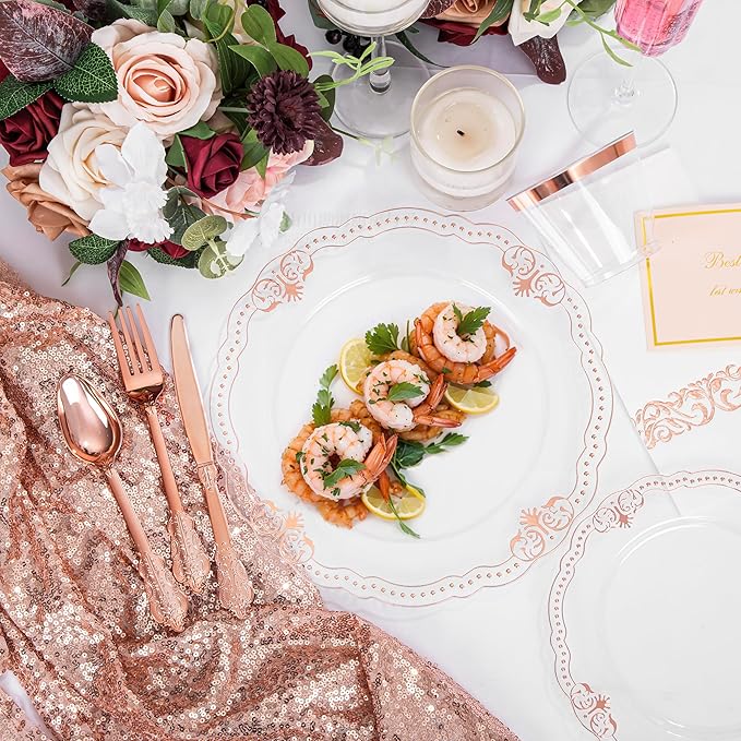 Ciaell 175 PCS Rose and Gold Plastic Plates - Fancy Rose Gold Disposable Dinnerware Set with of 50 Plates, 25 Knives, 25 Forks, 25 Spoons, 25 Cups, 25 Napkins for Wedding & Party