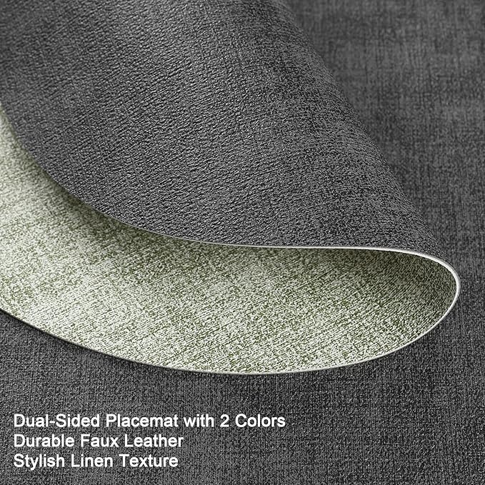 Myir JUN Round Placemats Dual Sided, Faux Leather Place Mats Set of 4 Indoor Placemats for Dining Table Outdoor Placemats Non-Slip Washable Table Mats (Set of 8, Gray Grass Green)