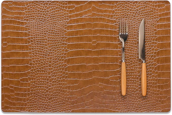 Jovono Faux Leather Placemats Set of 4, Waterproof Heat Resistant Dinner Place Mats for Dining Table, Non-Slip Crocodile Embossed, Brown (17.8x11.8 Inch)