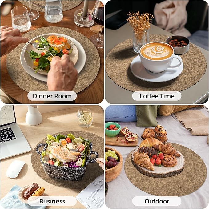 15 inch Faux Leather Round Placemats Set of 4 Non-Slip Washable Wipeable Table Mats, Heat Resistant Waterproof Oilproof Brown Place Mats for Kitchen, Dining, Party, Indoor, Outdoor
