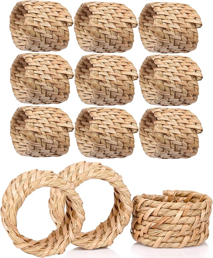 Napkin Rings Set of 12 - Handwoven Rustic Rattan Napkin Holders Table Decor for Dinners, Weddings, Holidays, Parties & Everyday Use - Natural Tan - Serviette Rings (Brown) - ALPHA Living HOME