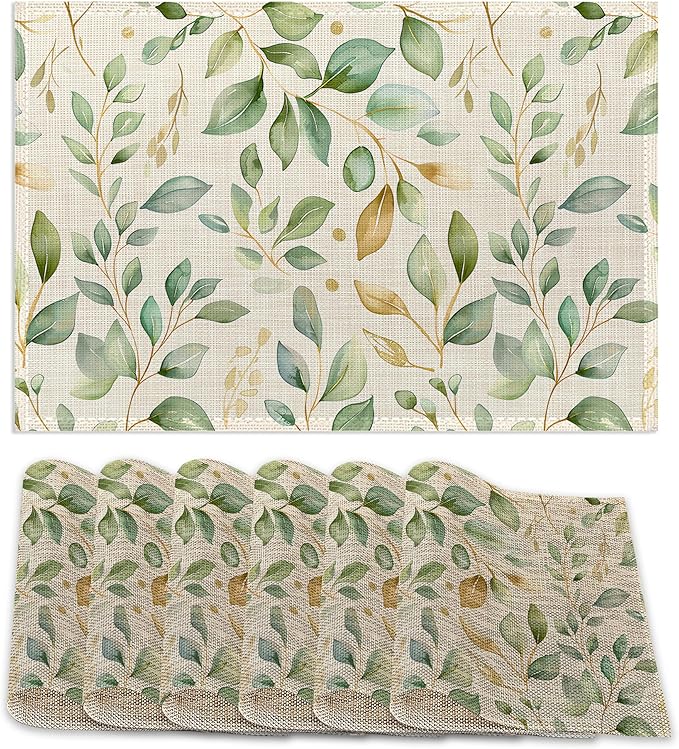 Placemats12x18 Inch,Eucalyptus Leaves Placemats,Sage Green Leaf Kitchen Dining Coffee Table Mats Set of 6 for Home Indoor Outdoor Party