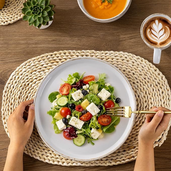 AmorArc 24 Pieces Ceramic Dinnerware Sets for 8, Handpainted Stoneware Plates and Bowls Set with Rustic Terracotta Underside, Scratch Resistant Dishes Set, Dishwasher & Microwave Safe, White