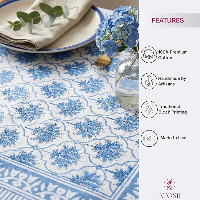 ATOSII Padma Blue 100% Cotton Square Summer Tablecloth, Indian Block Print Floral Table Cloth I Dining Parties Weddings Outdoors Holidays 60 X 60 Inches, 4 Seater I Grandmillennial Farmhouse Boho