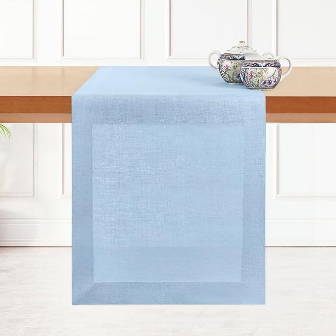 D'Moksha Homes Linen Powder Blue Table Runner 108 Inches Long - 100% Pure Linen Dining Table Runner 14 x 108 Inch for Spring, Easter - Machine Washable