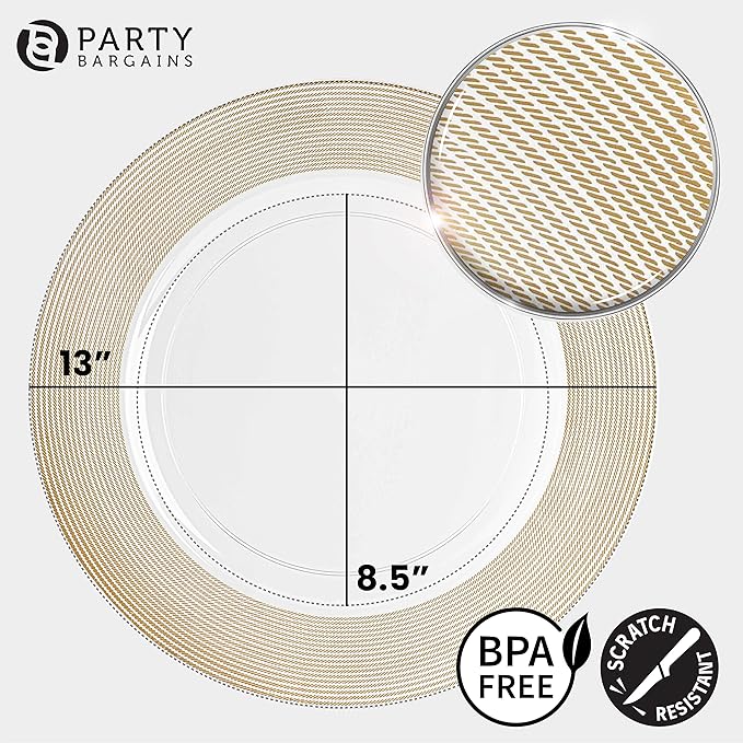 PARTY BARGAINS 13-Inch Charger Plates - 96 Pack, Clear Gold Rope Textured Rim, Heavy-Duty Disposable Chargers for Elegant Dining - Ideal for Weddings and Formal Events