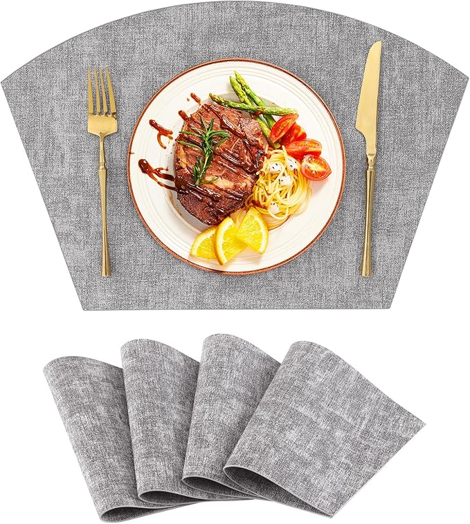 Homaxy Round Table Placemats Set of 4, Washable Wedge Shaped Faux Leather Table Mats, Wipeable Kitchen Dinner Place Mats for Indoor Outdoor, Light Grey