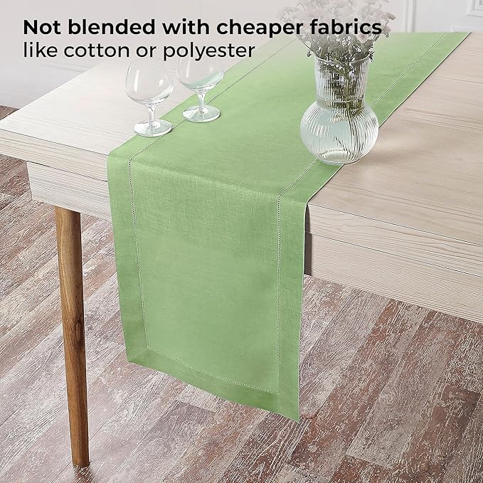 D'Moksha Homes Linen Sage Green Table Runner 144 Inches Long - 100% Pure Linen Extra Long Table Runner 14 x 144 Inch for Spring, St Patricks Day, Easter - Classic Hemstitch