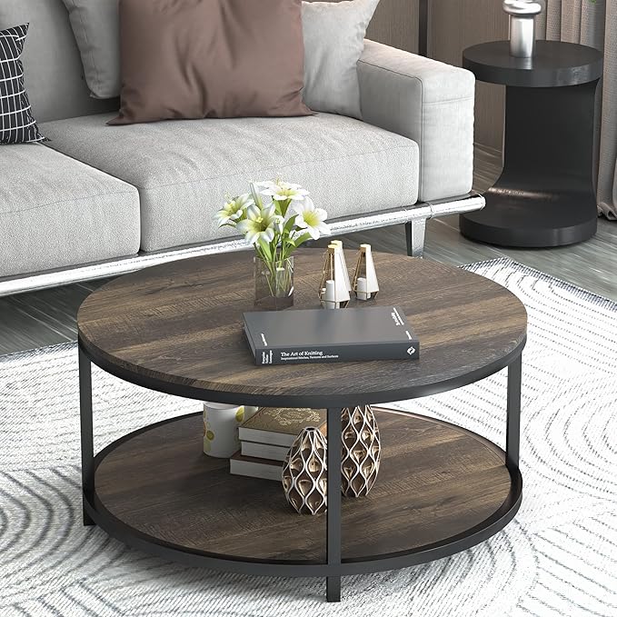 NSdirect 36 inches Round Coffee Table, Rustic Wooden Surface Top & Sturdy Metal Legs Industrial Sofa Table for Living Room Modern Design Home Furniture with Storage Open Shelf(Rustic Brown)