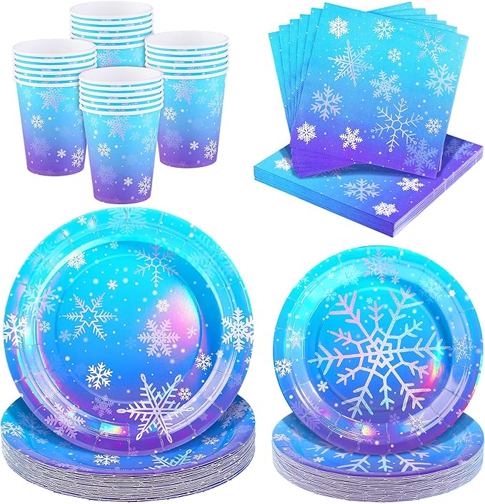 Kochorie 96 Pieces Frozen Iridescent Winter Snowflake Birthday Party Supplies Snowflake Tableware Set Disposable Paper Plates Cups Napkins Serve 24 Guests for Christmas Winter Wonderland Decorations