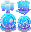 Kochorie 96 Pieces Frozen Iridescent Winter Snowflake Birthday Party Supplies Snowflake Tableware Set Disposable Paper Plates Cups Napkins Serve 24 Guests for Christmas Winter Wonderland Decorations