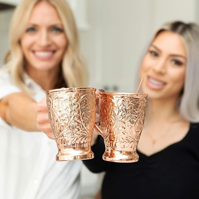 Pure Copper Shot Glasses (Set of 4) - Moscow Mule Drinking Shot Glass for Home, Kitchen, Bar - Barware Drinking Glass for Tequila Vodka Cocktail Shooters - Custom Embossed Metal Drinkware Gift