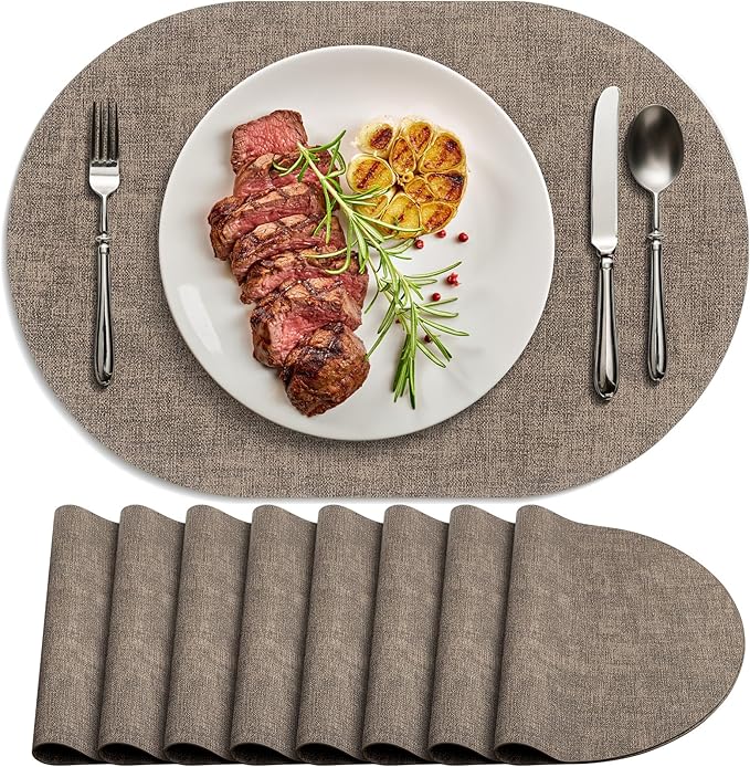 Placemats Set of 6 Washable, Heat Resistant Table Placemats Wipeable Faux Leather Oval Place Mats Non Slip, Waterproof Oval Table Mats for Indoor Outdoor, Dark Brown