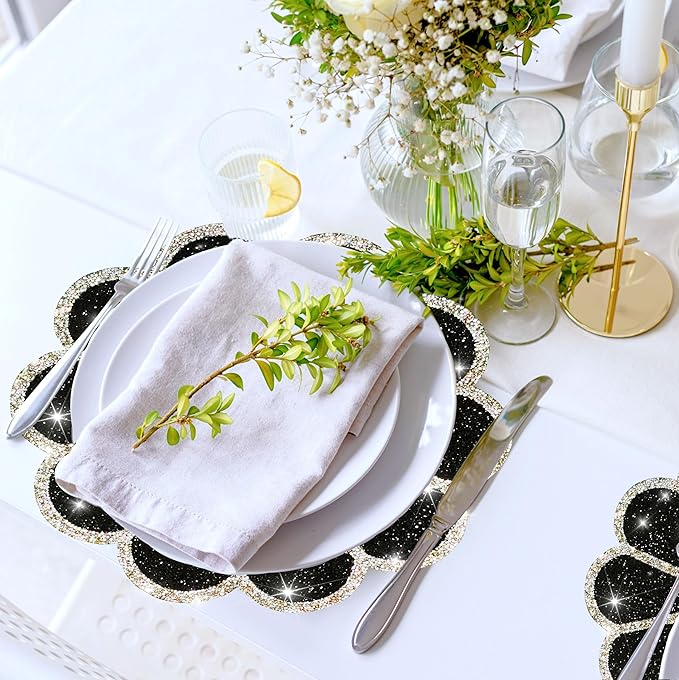 Washable Waterproof Diamond Circle Placemats for Round Tablescape Decor for Dinner and Kitchen Bling Placemats for Weddings & Special Events (Black)-12PCS
