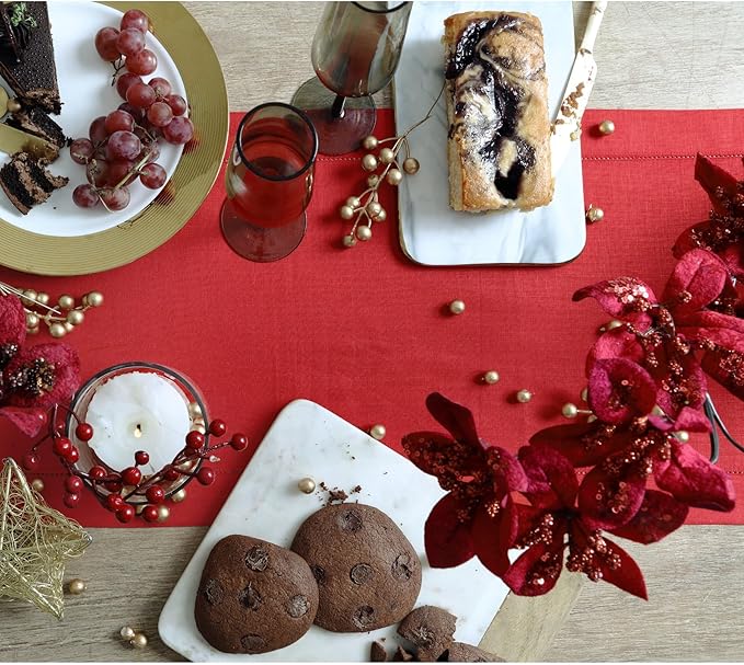 Solino Home Linen Red Table Runner 36 Inches - Classic Hemstitch, 100% Pure Linen Coffee Table Runner 14 x 36 Inch Ideal for Dresser Tables - Valentines, Winter