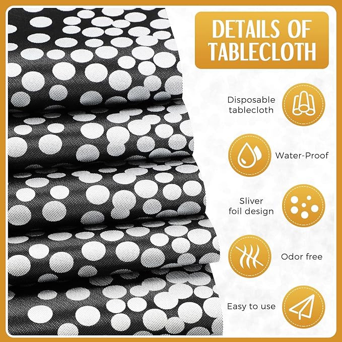 Breling 8 Pack Black and Silver Disposable Plastic Tablecloths and Satin Table Runner Set, 54 x 108 Inch Tablecloth, 12 x 108 Inch Table Runners for Wedding Graduation Birthday Baby Shower New Year