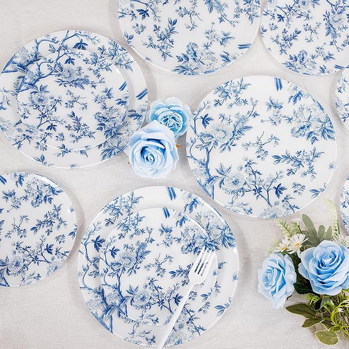 EI 60pcs Blue Plastic Plates Disposable Heavy Duty,Blue and White Floral Disposable Plates,10.25" Dinner & 7.5" Dessert Plate,Natural Fresh and Elegant Decorations for Birthdays/Tea Party/Wedding