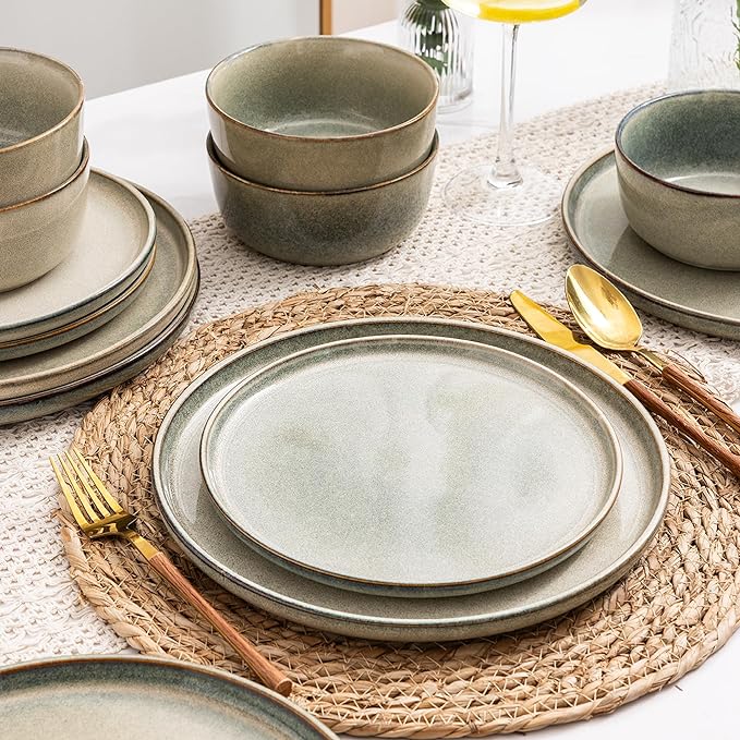 AmorArc Stoneware Dinnerware Sets for 4,Round Reactive Glaze Ceramics Plates and Bowls Set,Highly Scratch Resistant Dishware | Dishwasher & Microwave Safe Dishes Set,Service for 4 (12pc)