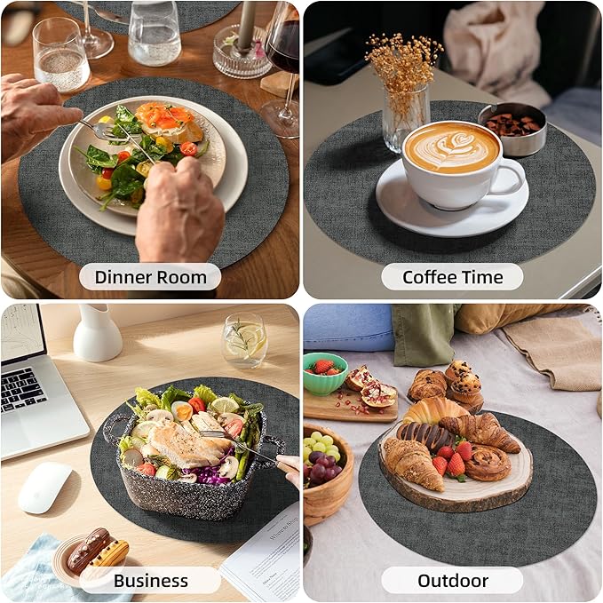 15 inch Faux Leather Round Placemats Set of 6 Non-Slip Washable Wipeable Table Mats, Heat Resistant Waterproof Oilproof Black Place Mats for Kitchen, Dining, Party, Indoor, Outdoor