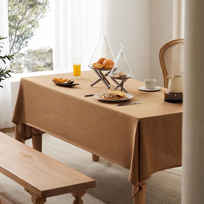 Linen Tablecloth for Rectangle Table, 60x84 Inch Caramel, Farmhouse Style Brown Tablecloth, Water Resistant Burlap Tablecloths for Dining Table Farmhouse Kitchen