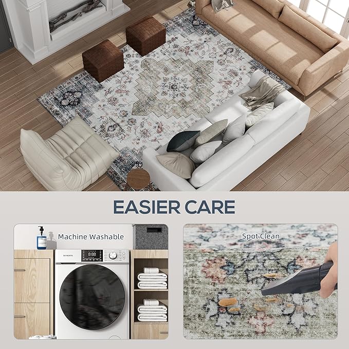 HOMCOM Washable Area Rug, 5'x7' Vintage Indoor Distressed Carpet, Retro Floor Cover Foldable, Floral Print Mat for Living Room, Bedroom, Dining Room, Brown and Green