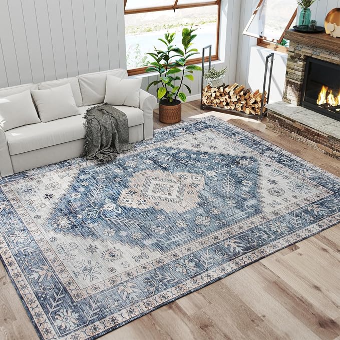 HOMCOM Washable Area Rug, 8'x10' Vintage Indoor Distressed Carpet, Retro Floor Cover Foldable, Floral Print Mat for Living Room, Bedroom, Dining Room, Blue