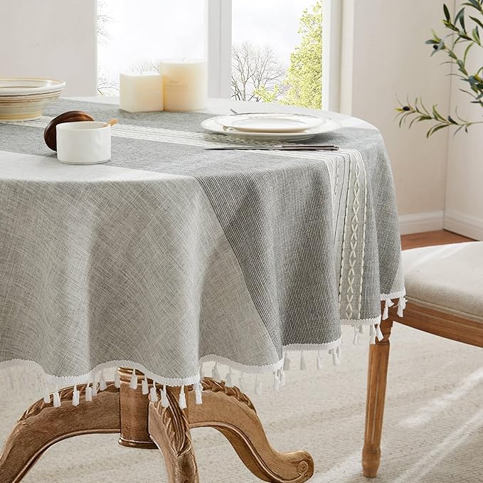 ZeeMart Contrast Linen Round Tablecloth 52 Inch Mid-Stripe Grey, Farmhouse Style Round Table Cloth Heavy Weight Grey Tablecloths, Water Resistant Burlap Table Cloths