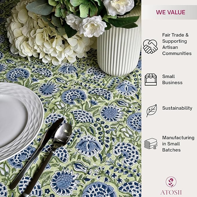 ATOSII Amara Green 100% Cotton Square Fall Tablecloth, Handblock Floral Print Linen Table Cloth for Kitchen Dining I Weddings, Outdoors, Parties, Easter I Fall Decor 60 X 60 Inches I 4 Seater