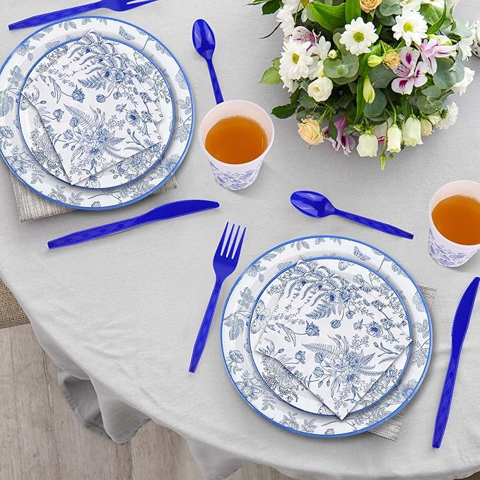 Kochorie 400 Pieces Blue and White Flower Disposable Party Tableware Sets Including Plates Cups Napkins Cutlery Serves 50 for Wedding Birthday Baby Shower Party Decorations