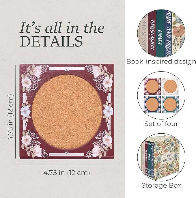 Steel Mill & Co Book Coaster Set of 4, Classic Wood & Cork Drink Coasters with Decorative Paper-Wrapped Storage Box for Aesthetic Coffee Table Decor for Book Lovers (Jane Austen)
