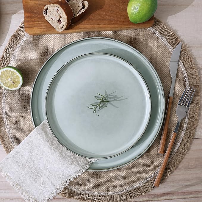 Famiware Plates and Bowls Sets, Annecy Stoneware Dinnerware Sets for 8, 24 Pieces Dish Set, Plate with Lip Edge, Reactive Glaze Tableware - Microwave & Dishwasher Safe, Grey-Blue