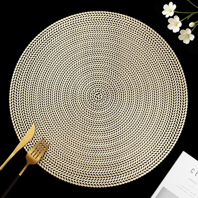 FAVE 8PCS Gold Vinyl Round Placemats, Wheat Sheaf Design 15 Inch Placemats Set of 8 Washable for Dining, Events, Banquet, Home & Daily Use (Gold Wheat,8pcs)