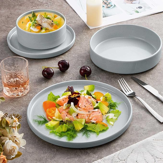 Herogo Stoneware Dinnerware Set with Salad Bowls, 24 Piece Kitchen Dinner Dish Set for 6, Plates and Cereal Pasta Bowls, Chip & Scratch Resistant Dishware, Speckled Light Gray